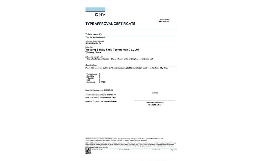 Baway Electromagnetism Flow Meter & TRO Monitor Granted DNV Approval